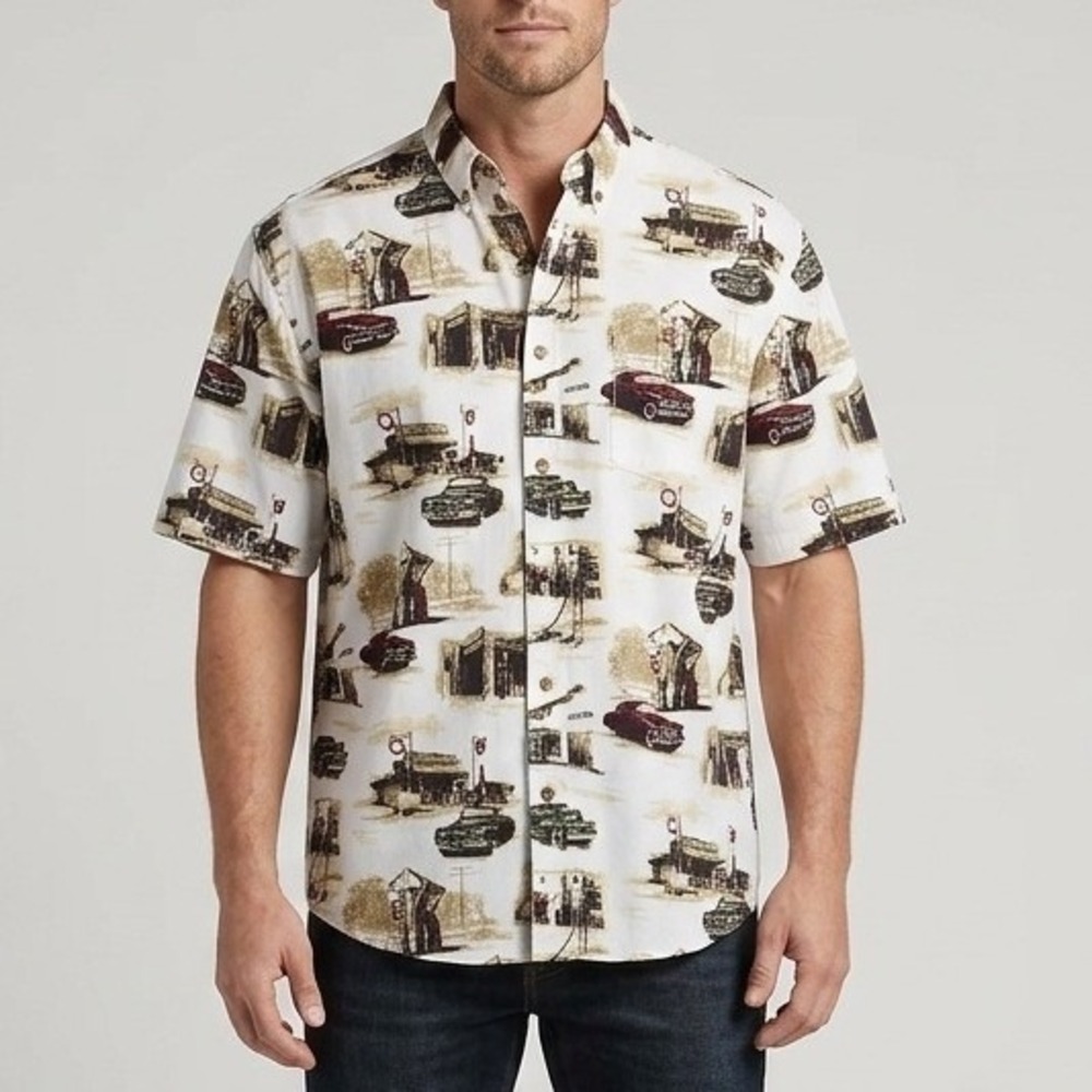 North River Outfitters Vintage Car Service Station‎ Print Shirt Mens Large White